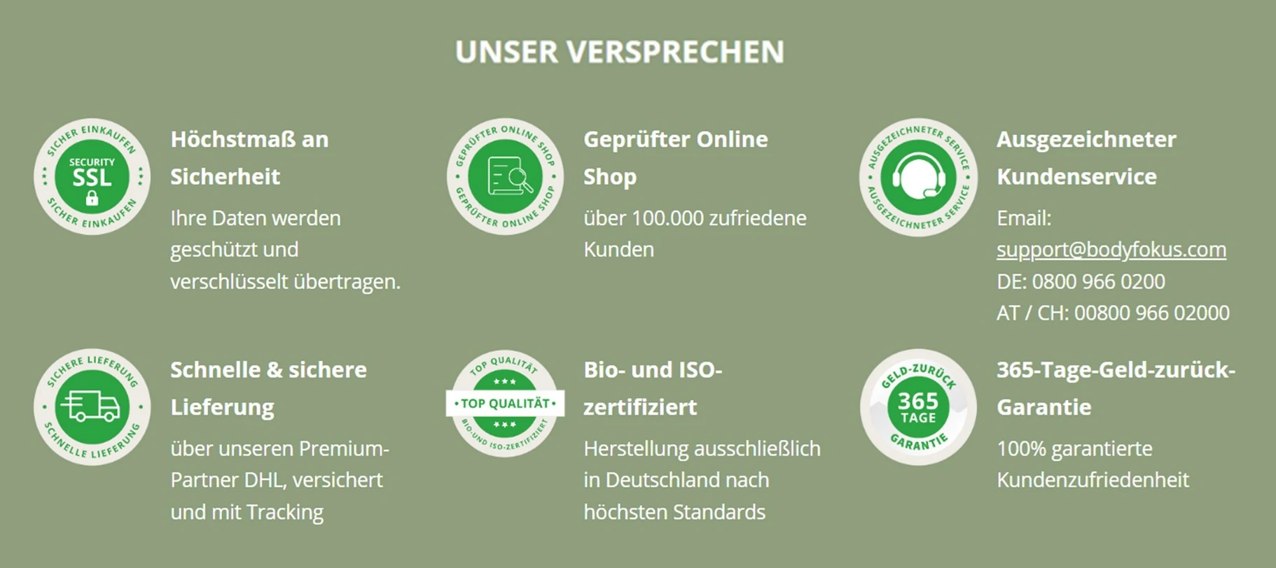 Unser Versprechen - SSL Sicherheit, Geprüfter Online Shop, Kundenservice, Schnelle Lieferung, Bio-zertifiziert, 365-Tage-Garantie