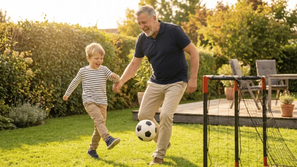 Opa und Enkel spielen Fußball